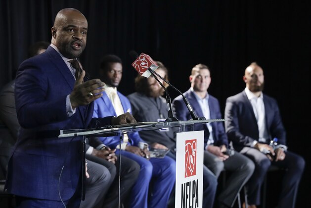 DeMaurice Smith, executive director of the NFL Players Association, speaks during a news conference at the NFL Super Bowl 52 Thursday, Feb. 1, 2018, in Minneapolis. (AP Photo/Matt Slocum)