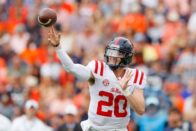 AUBURN, AL - OCTOBER 07:  Shea Patterson #20 of the Mississippi Rebels passes against the Auburn Tigers at Jordan Hare Stadium on October 7, 2017 in Auburn, Alabama.  (Photo by Kevin C. Cox/Getty Images)