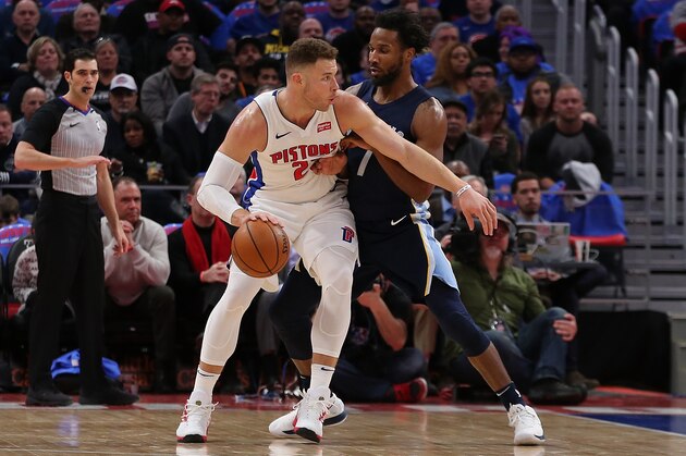 DETROIT, MI - FEBRUARY 1: Blake Griffin #23 of the Detroit Pistons looks to drive around Jarell Martin #1 of the Memphis Grizzlies during the first quarter of the game at Little Caesars Arena on February 1, 2018 in Detroit, Michigan. NOTE TO USER: User expressly acknowledges and agrees that, by downloading and or using this photograph, User is consenting to the terms and conditions of the Getty Images License Agreement (Photo by Leon Halip/Getty Images)