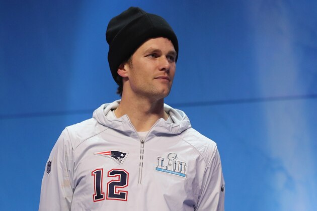 ST PAUL, MN - JANUARY 29:  Tom Brady #12 of the New England Patriots speaks to the media during SuperBowl LII Media Day at Xcel Energy Center on January 29, 2018 in St Paul, Minnesota.  Super Bowl LII will be played between the New England Patriots and the Philadelphia Eagles on February 4.  (Photo by Elsa/Getty Images)