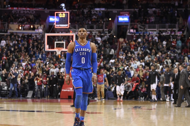 Oklahoma City Thunder guard Russell Westbrook walks off the court after the team's 102-96 loss in an NBA basketball game against the Washington Wizards, Tuesday, Jan. 30, 2018, in Washington. (AP Photo/Nick Wass)