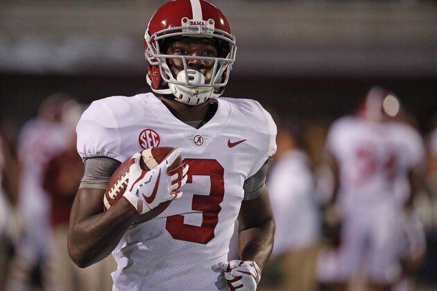Alabama wide receiver Calvin Ridley (3) runs downfield during warmups prior to an NCAA college football game against Mississippi State in Starkville, Miss., Saturday, Nov. 11, 2017. (AP Photo/Rogelio V. Solis)