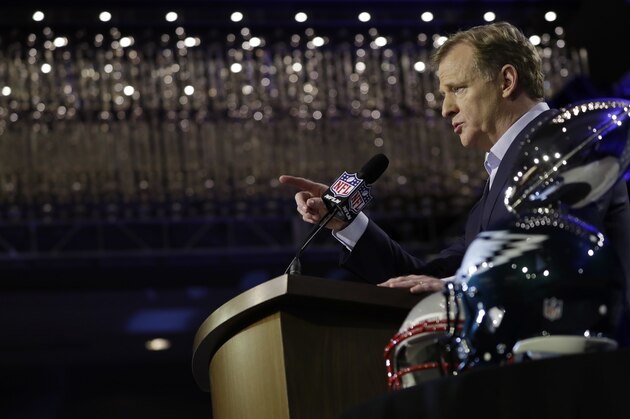 NFL Commissioner Roger Goodell speaks during a news conference in advance of the Super Bowl 52 football game, Wednesday, Jan. 31, 2018, in Minneapolis. The Philadelphia Eagles play the New England Patriots on Sunday, Feb. 4, 2018. (AP Photo/Matt Slocum)