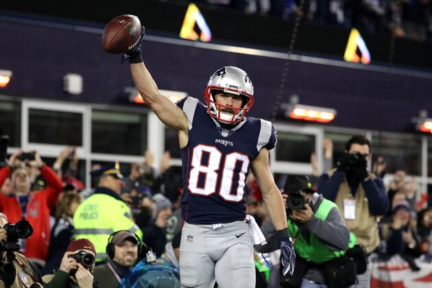 FOXBOROUGH, MA - JANUARY 21:  Danny Amendola #80 of the New England Patriots reacts in the fourth quarter after a touchdown catch during the AFC Championship Game against the Jacksonville Jaguars  at Gillette Stadium on January 21, 2018 in Foxborough, Massachusetts.  (Photo by Elsa/Getty Images)