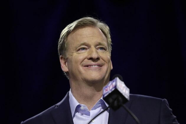 NFL Commissioner Roger Goodell smiles as he speaks during a news conference in advance of the Super Bowl 52 football game, Wednesday, Jan. 31, 2018, in Minneapolis. The Philadelphia Eagles play the New England Patriots on Sunday, Feb. 4, 2018. (AP Photo/Matt Slocum)