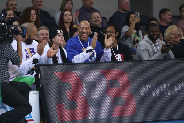 PRIENAI, LITHUANIA - JANUARY 09:  LaVar Ball father of LiAngelo and LaMelo looks on during the match between Vytautas Prienai and Zalgiris Kauno on January 9, 2018 in Prienai, Lithuania.  (Photo by Alius Koroliovas/Getty Images)