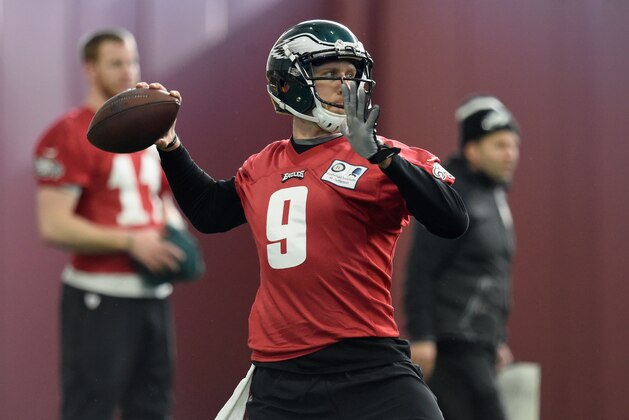 MINNEAPOLIS, MN - FEBRUARY 01: Nick Foles #9 of the Philadelphia Eagles passes the ball during Super Bowl LII practice on February 1, 2018 at the University of Minnesota in Minneapolis, Minnesota. The Philadelphia Eagles will face the New England Patriots in Super Bowl LII on February 4th. (Photo by Hannah Foslien/Getty Images)