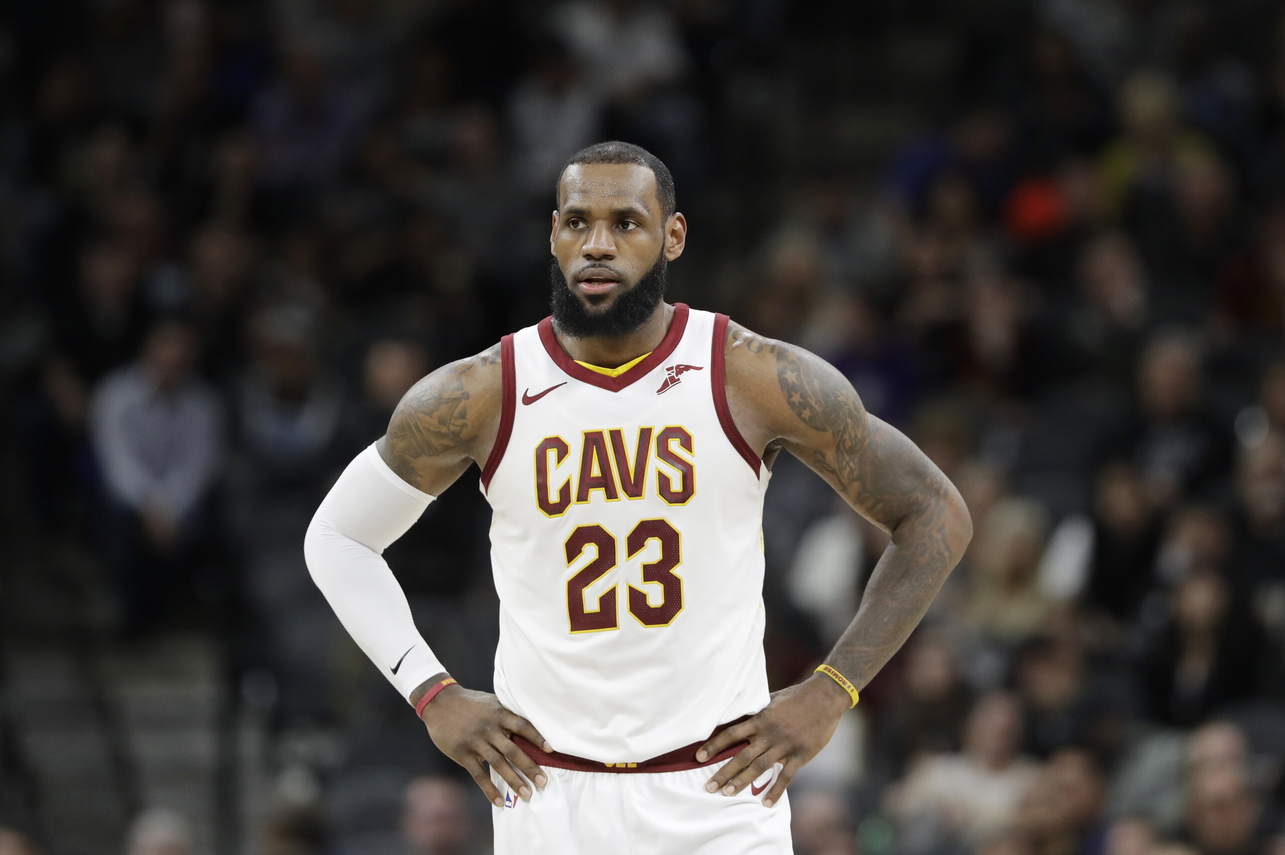 Cleveland Cavaliers forward LeBron James (23) waits for play to resume during the first half of an NBA basketball game against the San Antonio Spurs, Tuesday, Jan. 23, 2018, in San Antonio. James entered the game needing seven points to hit the 30,000 mark for career points; James scored 28 points. (AP Photo/Eric Gay)