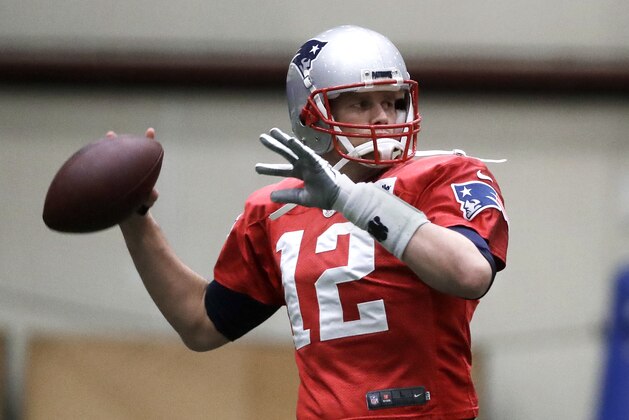 New England Patriots quarterback Tom Brady throws during a practice Wednesday, Jan. 31, 2018, in Minneapolis. The Patriots are scheduled to face the Philadelphia Eagles in the NFL Super Bowl 52 football game Sunday, Feb. 4. (AP Photo/Mark Humphrey)