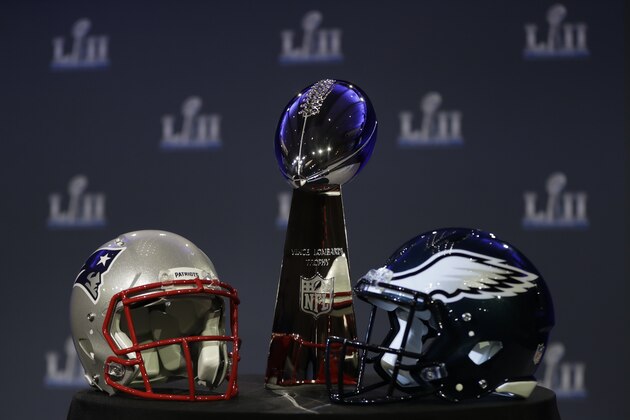 The Vince Lombardi Trophy is seen before a news conference by Commissioner Roger Goodell in advance of the Super Bowl 52 football game, Wednesday, Jan. 31, 2018, in Minneapolis. The Philadelphia Eagles play the New England Patriots on Sunday, Feb. 4, 2018. (AP Photo/Matt Slocum)