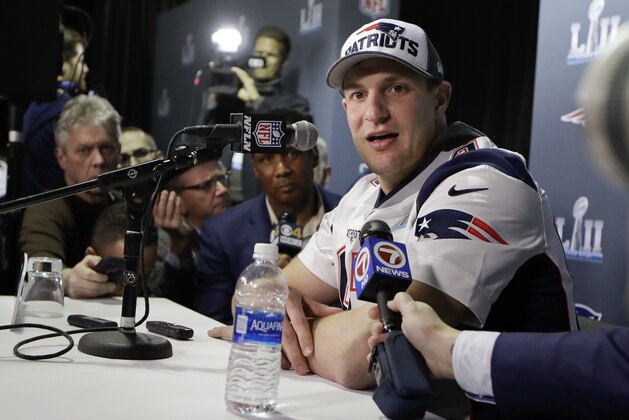 New England Patriots tight end Rob Gronkowski answers questions during a news conference Thursday, Feb. 1, 2018, in Minneapolis. The Patriots are scheduled to face the Philadelphia Eagles in the NFL Super Bowl 52 football game Sunday, Feb. 4. (AP Photo/Mark Humphrey)