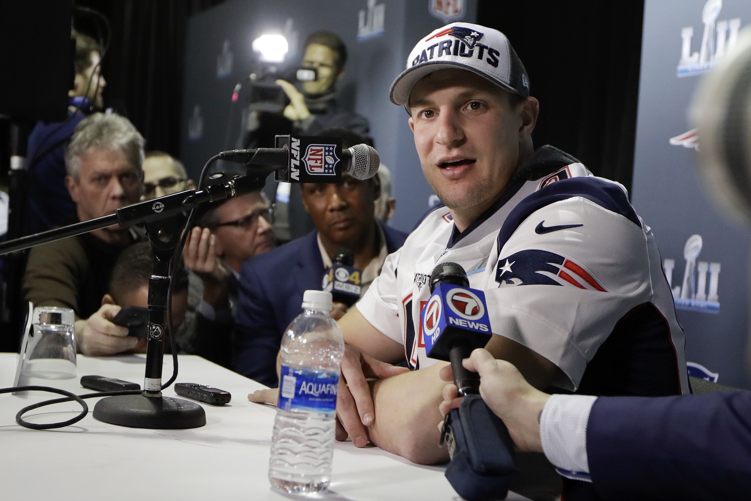 New England Patriots tight end Rob Gronkowski answers questions during a news conference Thursday, Feb. 1, 2018, in Minneapolis. The Patriots are scheduled to face the Philadelphia Eagles in the NFL Super Bowl 52 football game Sunday, Feb. 4. (AP Photo/Mark Humphrey) New England Patriots tight end Rob Gronkowski answers questions during a news conference Thursday, Feb. 1, 2018, in Minneapolis. The Patriots are scheduled to face the Philadelphia Eagles in the NFL Super Bowl 52 football game Sunday, Feb. 4. (AP Photo/Mark Humphrey)