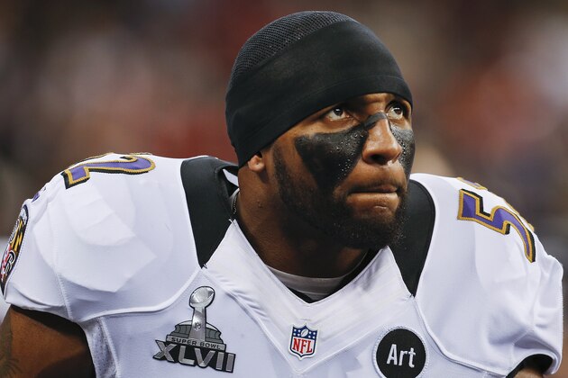 Baltimore Ravens linebacker Ray Lewis listens during team introductions before playing the San Francisco 49ers in the NFL Super Bowl XLVII football game Sunday, Feb. 3, 2013, in New Orleans. (AP Photo/Julio Cortez)