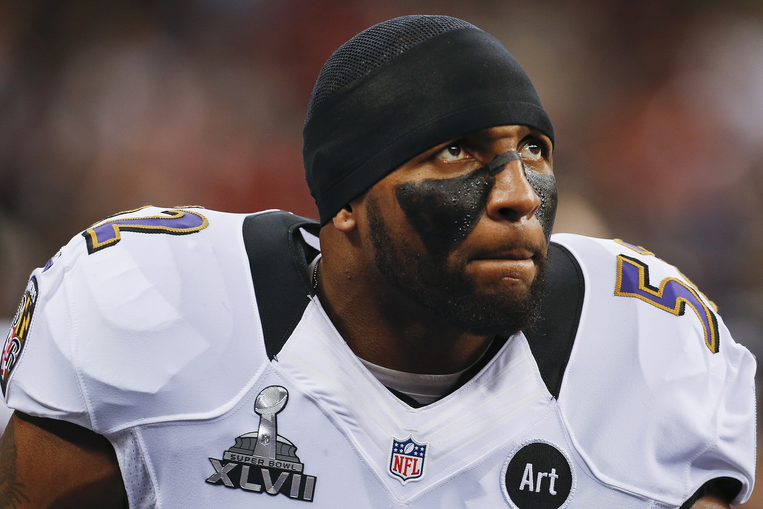 Baltimore Ravens linebacker Ray Lewis listens during team introductions before playing the San Francisco 49ers in the NFL Super Bowl XLVII football game Sunday, Feb. 3, 2013, in New Orleans. (AP Photo/Julio Cortez)
