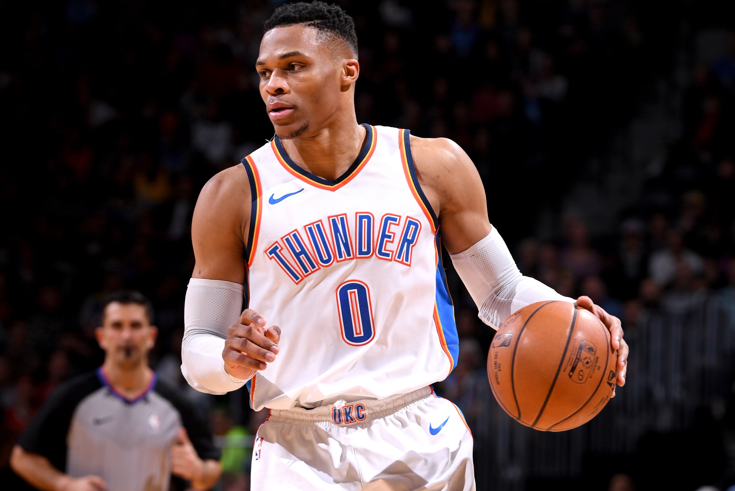 DENVER, CO - FEBRUARY 1:  Russell Westbrook #0 of the Oklahoma City Thunder handles the ball against the Denver Nuggets on February 1, 2018 at the Pepsi Center in Denver, Colorado. NOTE TO USER: User expressly acknowledges and agrees that, by downloading and/or using this Photograph, user is consenting to the terms and conditions of the Getty Images License Agreement. Mandatory Copyright Notice: Copyright 2018 NBAE (Photo by Garrett Ellwood/NBAE via Getty Images)