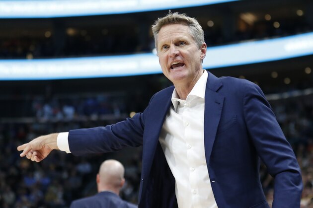 Golden State Warriors head coach Steve Kerr shouts in the direction of an official in the first half during an NBA basketball game against the Utah Jazz Tuesday, Jan. 30, 2018, in Salt Lake City. (AP Photo/Rick Bowmer)