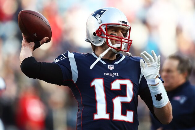 FOXBOROUGH, MA - JANUARY 21:  Tom Brady #12 of the New England Patriots warms up before the AFC Championship Game against the Jacksonville Jaguars at Gillette Stadium on January 21, 2018 in Foxborough, Massachusetts.  (Photo by Adam Glanzman/Getty Images)