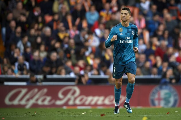 VALENCIA, SPAIN - JANUARY 27: Cristiano Ronaldo of Real Madrid celebrates after scoring his sides first goal during the La Liga match between Valencia and Real Madrid at Estadio Mestalla on January 27, 2018 in Valencia, Spain. (Photo by Quality Sport Images/Getty Images,)
