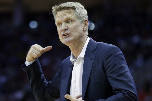 Golden State Warriors head coach Steve Kerr during the second half of an NBA basketball game against the Houston Rockets Saturday, Jan. 20, 2018, in Houston. (AP Photo/Michael Wyke)