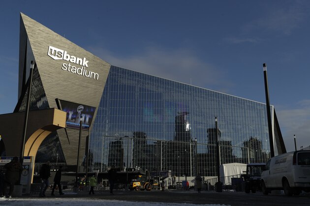 U.S. Bank Stadium is seen Wednesday, Jan. 31, 2018, in Minneapolis. The NFL Super Bowl 52 football game will be played Sunday, Feb. 4, 2018. (AP Photo/Matt Slocum)