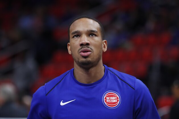 Detroit Pistons guard Avery Bradley (22) warms up before an NBA basketball game against the Brooklyn Nets in Detroit, Sunday, Jan. 21, 2018. (AP Photo/Paul Sancya)