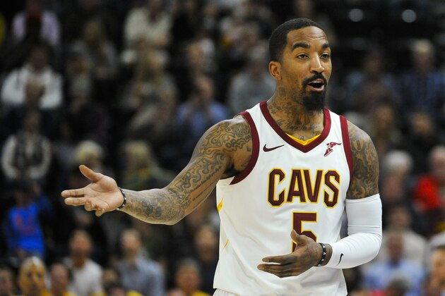 Cleveland Cavaliers guard JR Smith (5) looks on in the first half of an NBA basketball game against the Utah Jazz Saturday, Dec. 30, 2017, in Salt Lake City. (AP Photo/Alex Goodlett)