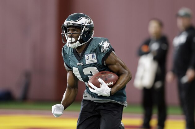 Philadelphia Eagles wide receiver Nelson Agholor (13) during a practice for the NFL Super Bowl 52 football game Wednesday, Jan. 31, 2018, in Minneapolis. Philadelphia is scheduled to face the New England Patriots Sunday. (AP Photo/Eric Gay)