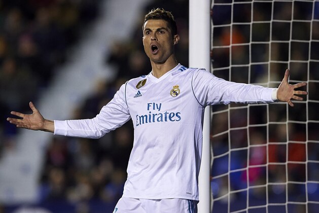 VALENCIA, SPAIN - FEBRUARY 03:  Cristiano Ronaldo of Real Madrid reacts during the La Liga match between Levante and Real Madrid at Ciutat de Valencia on February 3, 2018 in Valencia, Spain.  (Photo by Manuel Queimadelos Alonso/Getty Images)