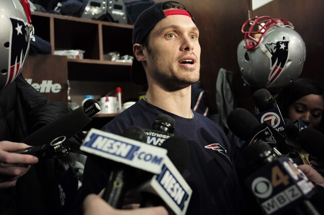 New England Patriots wide receiver Chris Hogan faces reporters in the team's locker room following an NFL football practice, Wednesday, Jan. 17, 2018, at Gillette Stadium, in Foxborough, Mass. (AP Photo/Steven Senne)