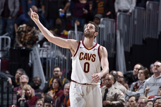 CLEVELAND, OH - JANUARY 18: Kevin Love #0 of the Cleveland Cavaliers reacts during the game against the Orlando Magic on January 18, 2018 at Quicken Loans Arena in Cleveland, Ohio. NOTE TO USER: User expressly acknowledges and agrees that, by downloading and/or using this Photograph, user is consenting to the terms and conditions of the Getty Images License Agreement. Mandatory Copyright Notice: Copyright 2018 NBAE (Photo by David Liam Kyle/NBAE via Getty Images)