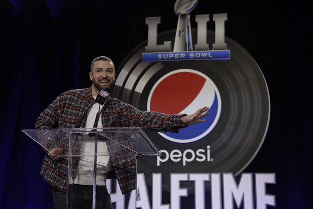 Justin Timberlake answers questions during a news conference for the NFL Super Bowl 52 football game halftime show Thursday, Feb. 1, 2018, in Minneapolis. (AP Photo/Morry Gash)