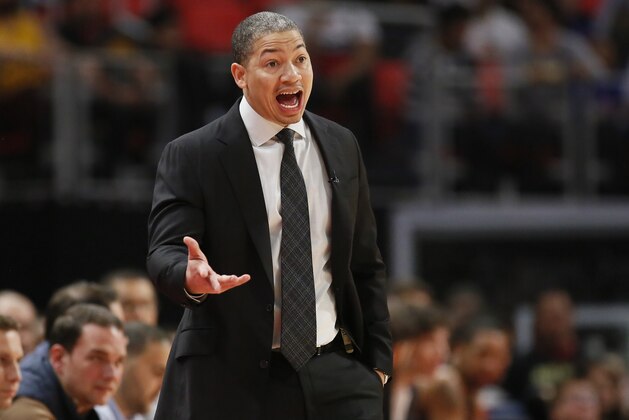 Cleveland Cavaliers head coach Tyronn Lue shouts to his team during the first half of an NBA basketball game against the Detroit Pistons Tuesday, Jan. 30, 2018, in Detroit. (AP Photo/Duane Burleson)