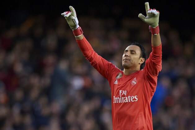 VALENCIA, SPAIN - JANUARY 27:  Keylor Navas of Real Madrid celebrates his teams fourth goal during the La Liga match between Valencia and Real Madrid at Mestalla stadium on January 27, 2018 in Valencia, Spain.  (Photo by Quality Sport Images/Getty Images,)