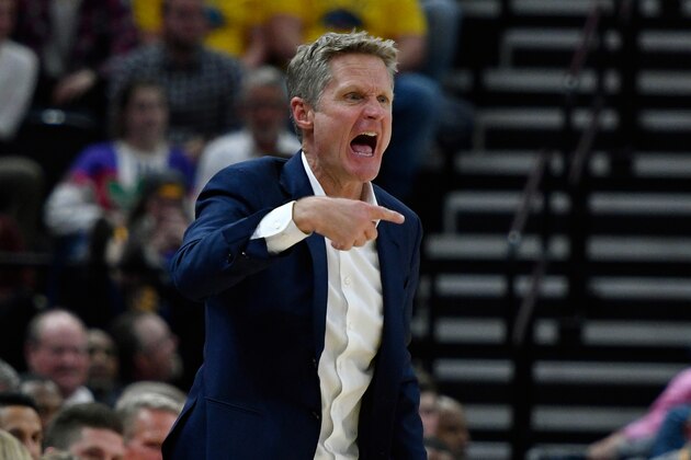 SALT LAKE CITY, UT - JANUARY 30: Head coach Steve Kerr of the Golden State Warriors yells to his team during a game against the Utah Jazz at Vivint Smart Home Arena on January 30, 2018 in Salt Lake City, Utah. NOTE TO USER: User expressly acknowledges and agrees that, by downloading and or using this photograph, User is consenting to the terms and conditions of the Getty Images License Agreement. (Photo by Gene Sweeney Jr./Getty Images)