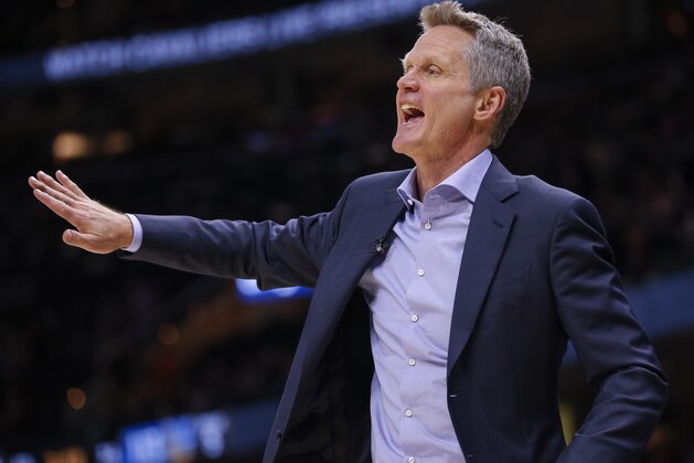 CLEVELAND, OH - JANUARY 15: Steve Kerr of the Golden State Warriors is seen during the game against the Cleveland Cavaliers at Quicken Loans Arena on January 15, 2018 in Cleveland, Ohio. NOTE TO USER: User expressly acknowledges and agrees that, by downloading and or using this photograph, User is consenting to the terms and conditions of the Getty Images License Agreement.(Photo by Michael Hickey/Getty Images)