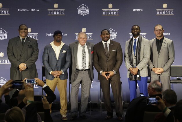 IMAGE DISTRIBUTED FOR NFL - Former NFL players Robert Brazile, from left, Brian Dawkins, Bobby Beathard, Ray Lewis, Randy Moss, and Brian Urlacher who will be inducted into the Pro Football Hall of Fame class of 2018, attend the 7th Annual NFL Honors at the Cyrus Northrop Memorial Auditorium on Saturday, Feb. 3, 2018, in Minneapolis, Minnesota. (Photo by AJ Mast/Invision for NFL/AP Images)