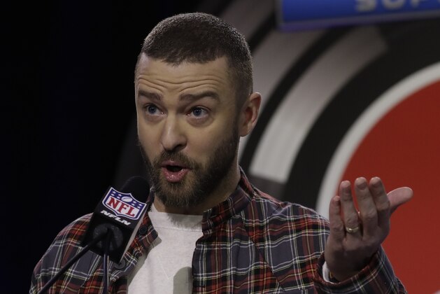 Justin Timberlake answers questions during a news conference for the NFL Super Bowl 52 football game halftime show Thursday, Feb. 1, 2018, in Minneapolis. (AP Photo/Morry Gash)