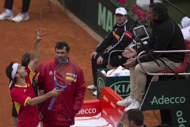 Spain's Albert Ramos (L) argues during the first round of the Davis Cup tennis match between Spain and Great Britain at the Puente Romano tennis club in Marbella, on February 04, 2018.  / AFP PHOTO / JORGE GUERRERO        (Photo credit should read JORGE GUERRERO/AFP/Getty Images)