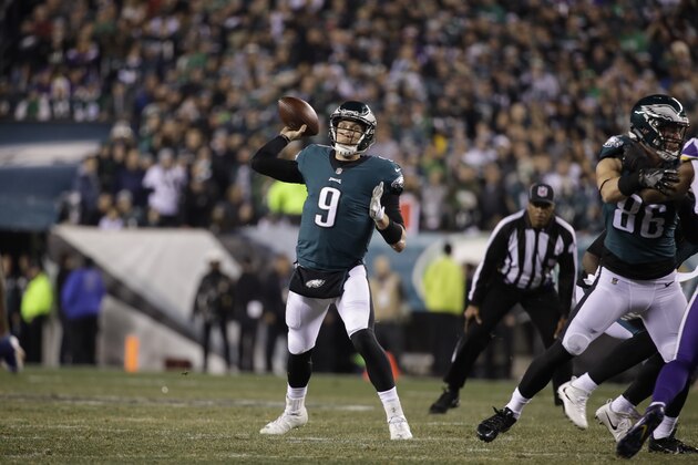 Philadelphia Eagles quarterback Nick Foles in action during the NFL football NFC championship game against the Minnesota Vikings Sunday, Jan. 21, 2018, in Philadelphia. (AP Photo/Matt Rourke)