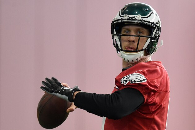 MINNEAPOLIS, MN - FEBRUARY 01: Nick Foles #9 of the Philadelphia Eagles passes the ball during Super Bowl LII practice on February 1, 2018 at the University of Minnesota in Minneapolis, Minnesota. The Philadelphia Eagles will face the New England Patriots in Super Bowl LII on February 4th. (Photo by Hannah Foslien/Getty Images)