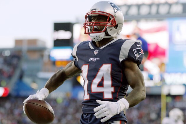 New England Patriots wide receiver Brandin Cooks celebrates his touchdown catch against the Miami Dolphins during the second half of an NFL football game, Sunday, Nov. 26, 2017, in Foxborough, Mass. (AP Photo/Michael Dwyer)