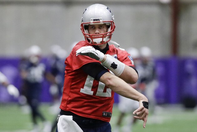 New England Patriots quarterback Tom Brady throws during a practice Thursday, Feb. 1, 2018, in Minneapolis. The Patriots are scheduled to face the Philadelphia Eagles in the NFL Super Bowl 52 football game Sunday, Feb. 4. (AP Photo/Mark Humphrey)