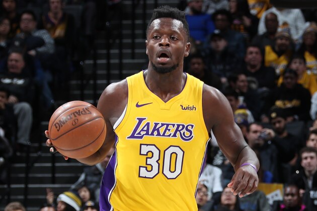 BROOKLYN, NY - FEBRUARY 2: Julius Randle #30 of the Los Angeles Lakers handles the ball against the Brooklyn Nets on February 2, 2018 at Barclays Center in Brooklyn, New York. NOTE TO USER: User expressly acknowledges and agrees that, by downloading and or using this Photograph, user is consenting to the terms and conditions of the Getty Images License Agreement. Mandatory Copyright Notice: Copyright 2018 NBAE (Photo by Nathaniel S. Butler/NBAE via Getty Images)
