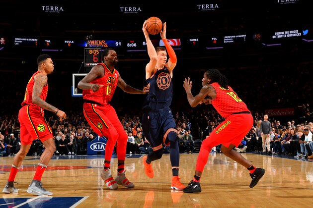 NEW YORK CITY, NY - FEBRUARY  4: Kristaps Porzingis #6 of the New York Knicks handles the ball during the game against the Atlanta Hawks on February 4, 2018 in New York City, NY NOTE TO USER: User expressly acknowledges and agrees that, by downloading and/or using this Photograph, user is consenting to the terms and conditions of the Getty Images License Agreement. Mandatory Copyright Notice: Copyright 2018 NBAE (Photo by Jesse D. Garrabrant/NBAE via Getty Images)