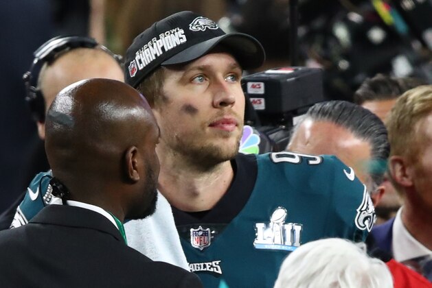 MINNEAPOLIS, MN - FEBRUARY 04:  Nick Foles #9 of the Philadelphia Eagles celebrates defeating the New England Patriots 41-33 in Super Bowl LII at U.S. Bank Stadium on February 4, 2018 in Minneapolis, Minnesota.  (Photo by Gregory Shamus/Getty Images)