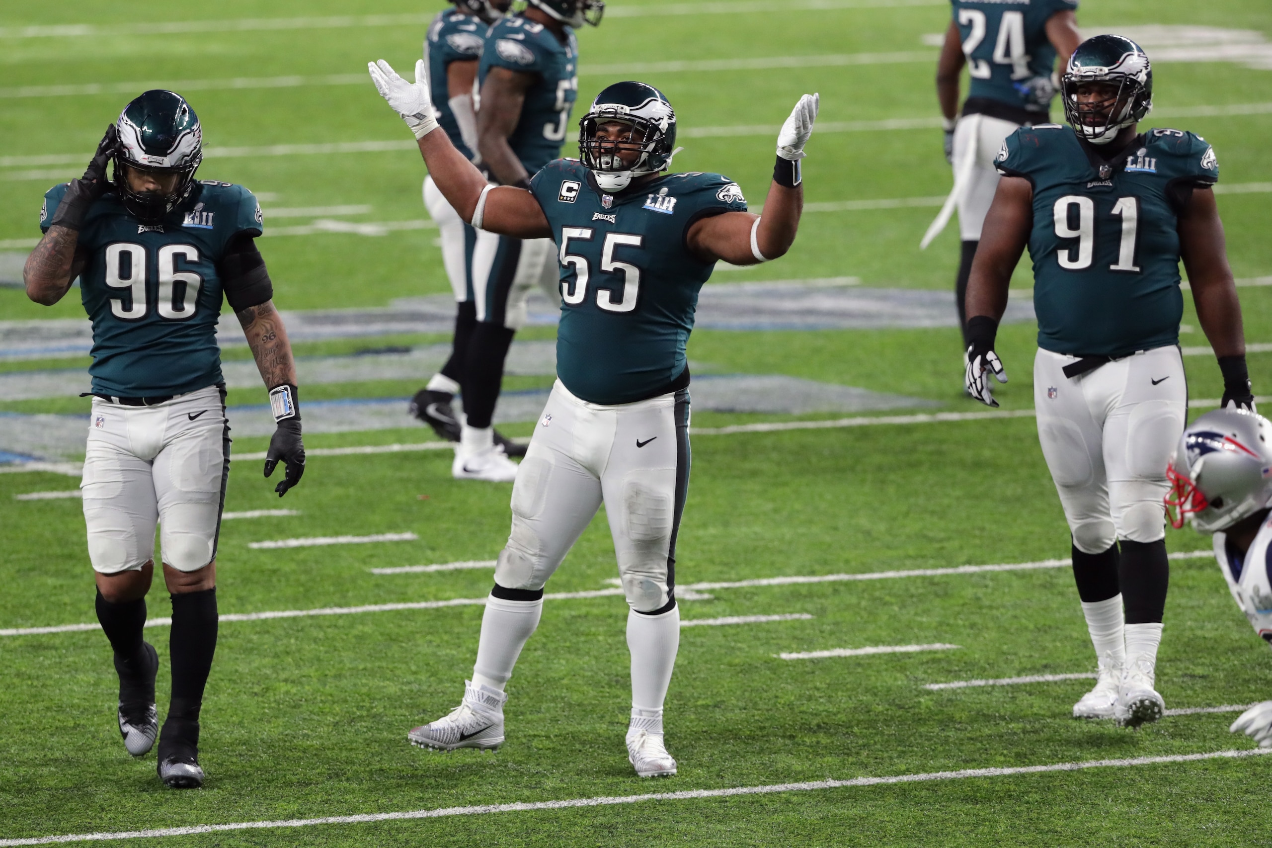 MINNEAPOLIS, MN - FEBRUARY 04: Brandon Graham #55 of the Philadelphia Eagles celebrates after forcing the fumble from Tom Brady #12 of the New England Patriots (not pictured) during the fourth quarter in Super Bowl LII at U.S. Bank Stadium on February 4, 2018 in Minneapolis, Minnesota. (Photo by Streeter Lecka/Getty Images) MINNEAPOLIS, MN - FEBRUARY 04: Brandon Graham #55 of the Philadelphia Eagles celebrates after forcing the fumble from Tom Brady #12 of the New England Patriots (not pictured) during the fourth quarter in Super Bowl LII at U.S. Bank Stadium on February 4, 2018 in Minneapolis, Minnesota. (Photo by Streeter Lecka/Getty Images)