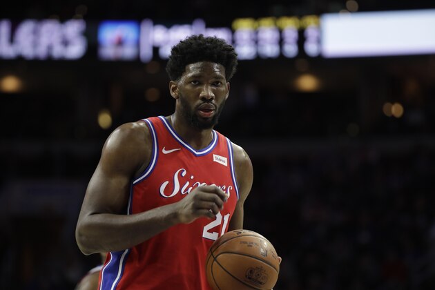 Philadelphia 76ers' Joel Embiid in action during an NBA basketball game against the Detroit Pistons, Friday, Jan. 5, 2018, in Philadelphia. (AP Photo/Matt Slocum)
