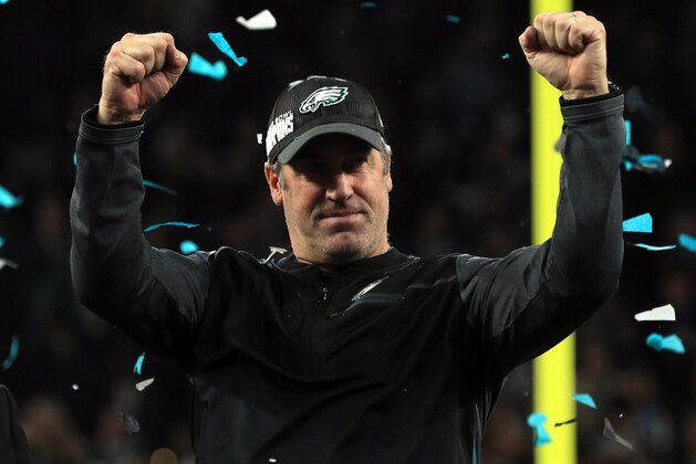 MINNEAPOLIS, MN - FEBRUARY 04:  Head coach Doug Pederson of the Philadelphia Eagles celebrates after defeating the New England Patriots 41-33 in Super Bowl LII at U.S. Bank Stadium on February 4, 2018 in Minneapolis, Minnesota.  (Photo by Mike Ehrmann/Getty Images)