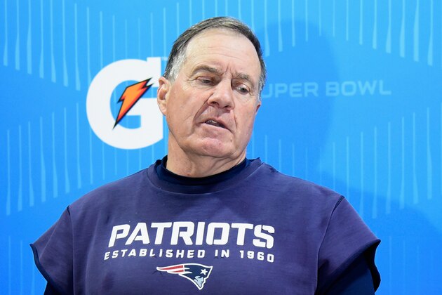 MINNEAPOLIS, MN - FEBRUARY 04:  Head coach Bill Belichick of the New England Patriots speaks to the media after losing 41-33 to the Philadelphia Eagles in Super Bowl LII at U.S. Bank Stadium on February 4, 2018 in Minneapolis, Minnesota.  (Photo by Larry Busacca/Getty Images)