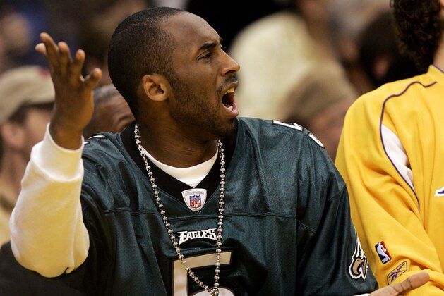 Los Angeles Lakers' Kobe Bryant, wearing a Philadelphia Eagles jersey, reacts toward the referee during the first quarter of the game against San Antonio Spurs' at Staples Center in Los Angeles Thursday, Feb. 3, 2005. (AP Photo/Kevork Djansezian)